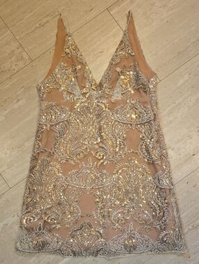 Free People Lace/Golden Sequin Overlay Double V Dress